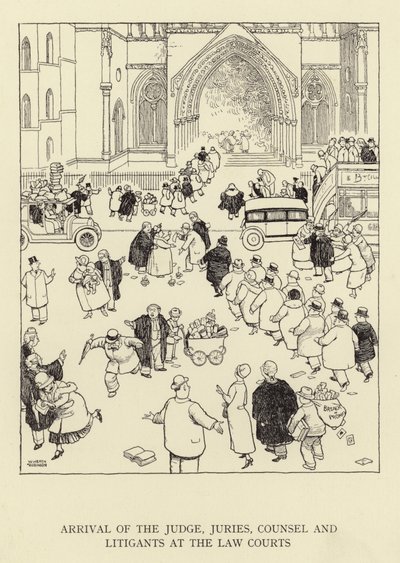 Przybycie sędziego, ławników, obrońców i stron procesowych do sądów powszechnych autorstwa William Heath Robinson