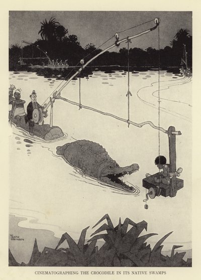 Filmowanie krokodyla na jego rodzimych bagnach autorstwa William Heath Robinson