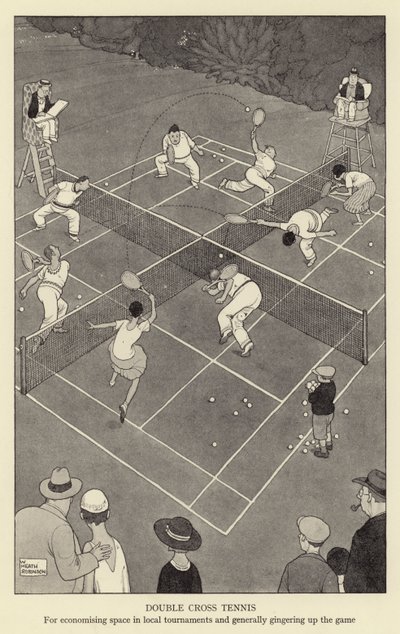 Double cross tenis, dla oszczędności miejsca w lokalnych turniejach i ogólnie podkręcania gry autorstwa William Heath Robinson