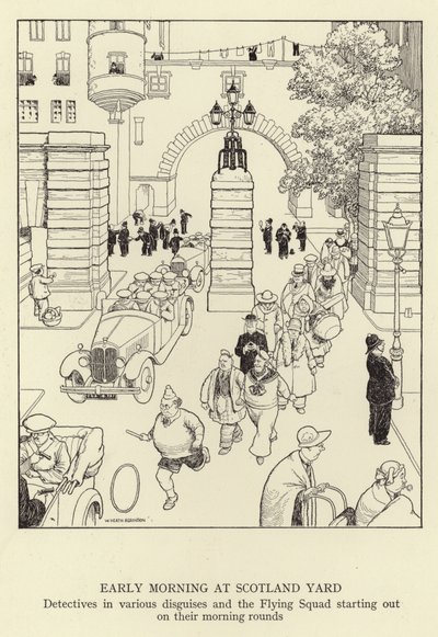 Wczesny poranek w Scotland Yardzie, detektywi w różnych przebraniach i Latający Oddział wyruszają na poranny obchód. autorstwa William Heath Robinson