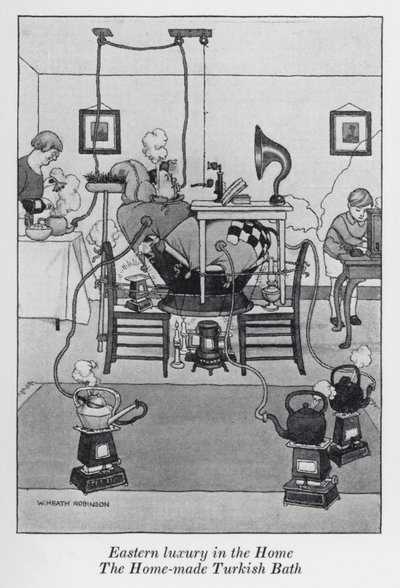 Wschodni luksus w domu, Domowa łaźnia turecka (lito) autorstwa William Heath Robinson