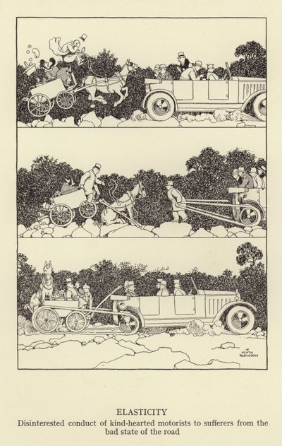 Elastyczność, bezinteresowne zachowanie życzliwych kierowców wobec cierpiących z powodu złego stanu dróg autorstwa William Heath Robinson