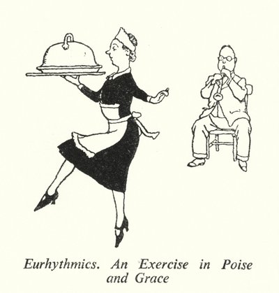 Rytmika, Ćwiczenie w równowadze i wdzięku (litografia) autorstwa William Heath Robinson