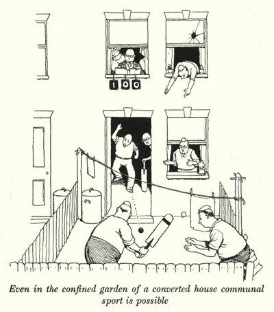 Nawet w ciasnym ogrodzie przebudowanego domu możliwy jest wspólny sport (litos) autorstwa William Heath Robinson