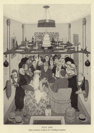 Płaskie życie, rozsądna oszczędność przestrzeni na weselu autorstwa William Heath Robinson
