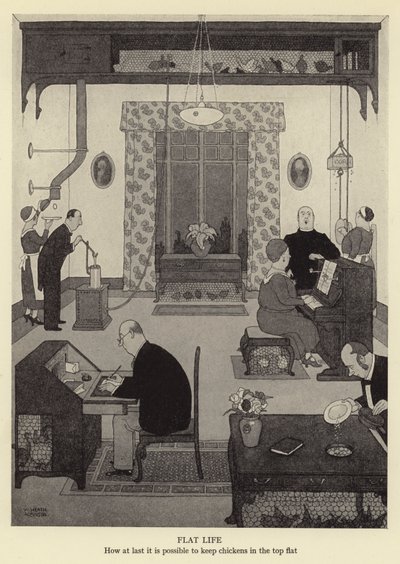 Płaskie życie, jak w końcu można trzymać kurczaki na górze? autorstwa William Heath Robinson