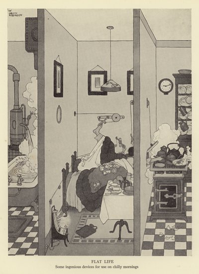 Płaskie życie, kilka pomysłowych urządzeń do użytku w chłodne poranki autorstwa William Heath Robinson