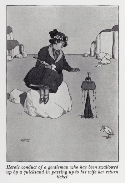 Bohaterskie zachowanie dżentelmena, który został pochłonięty przez ruchome piaski, przekazując żonie jej bilet powrotny (lito) autorstwa William Heath Robinson