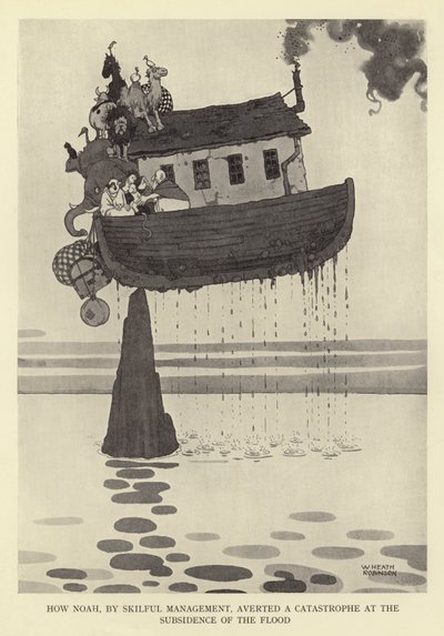 Jak Noe, dzięki umiejętnemu zarządzaniu, zapobiegł katastrofie przy ustąpieniu potopu autorstwa William Heath Robinson