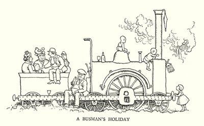 Ilustracja do Ribaldry na kolei autorstwa W. Heatha Robinsona (lito) autorstwa William Heath Robinson
