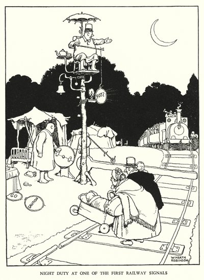 Ilustracja do Ribaldry na kolei autorstwa W. Heatha Robinsona (lito) autorstwa William Heath Robinson