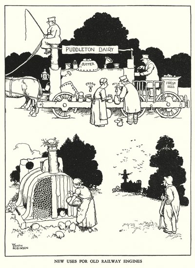 Ilustracja do Ribaldry na kolei autorstwa W. Heatha Robinsona (lito) autorstwa William Heath Robinson