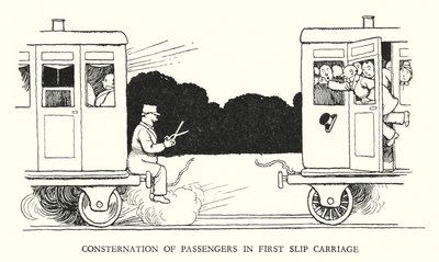Ilustracja do Ribaldry na kolei autorstwa W. Heatha Robinsona (lito) autorstwa William Heath Robinson