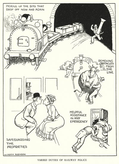 Ilustracja do Ribaldry na kolei autorstwa W. Heatha Robinsona (lito) autorstwa William Heath Robinson