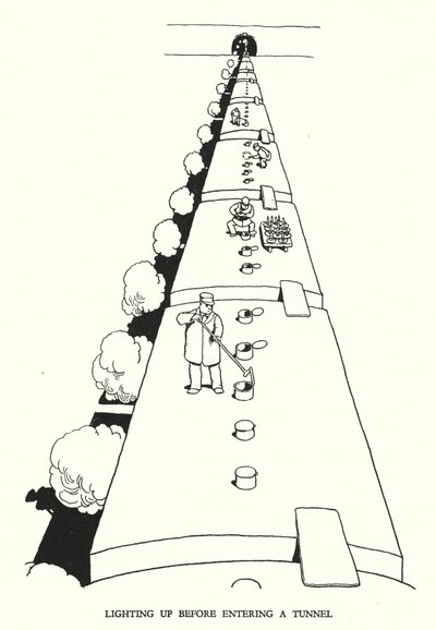 Ilustracja do Ribaldry na kolei autorstwa W. Heatha Robinsona (lito) autorstwa William Heath Robinson
