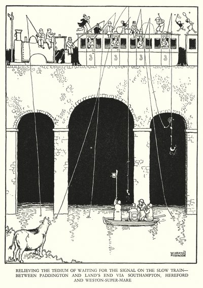 Ilustracja do Ribaldry na kolei autorstwa W. Heatha Robinsona (lito) autorstwa William Heath Robinson