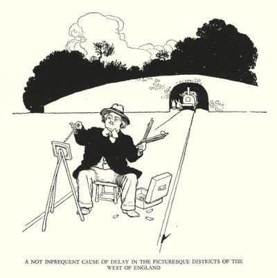 Ilustracja do Ribaldry na kolei autorstwa W. Heatha Robinsona (lito) autorstwa William Heath Robinson