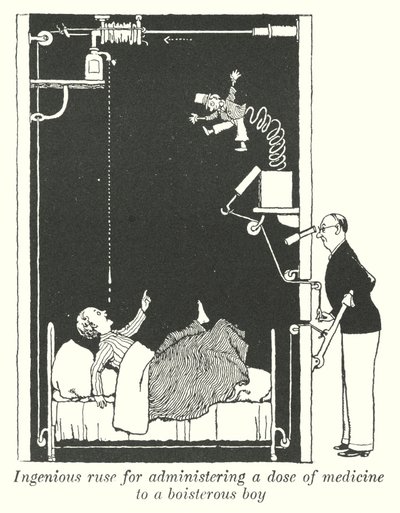 Genialny podstęp do podania dawki lekarstwa niesfornemu chłopcu (lito) autorstwa William Heath Robinson