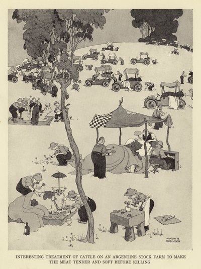 Interesujące traktowanie bydła na argentyńskiej farmie bydła, aby mięso było miękkie i miękkie przed zabiciem autorstwa William Heath Robinson