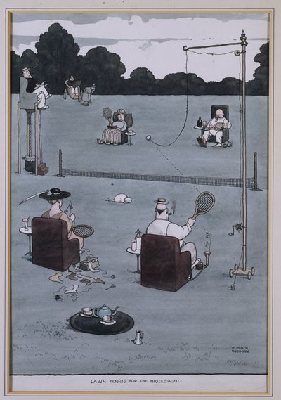 Tenis na trawniku dla średniowiecza (pióro i atrament oraz w/c) autorstwa William Heath Robinson