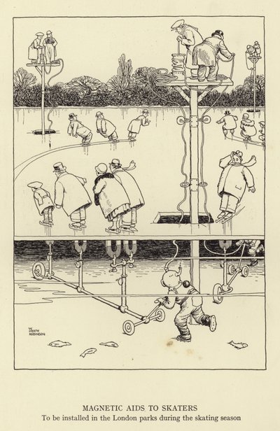Magnetyczna pomoc dla łyżwiarzy, która zostanie zainstalowana w londyńskich parkach podczas sezonu łyżwiarskiego autorstwa William Heath Robinson