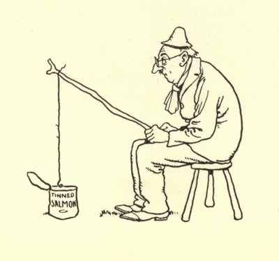 Mężczyzna łowi łososia w puszce autorstwa William Heath Robinson