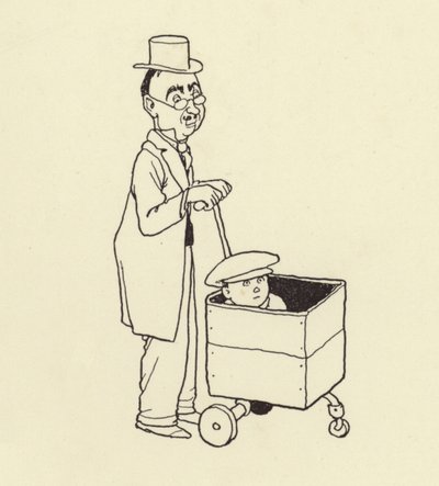 Mężczyzna pchający chłopca w pudełku autorstwa William Heath Robinson