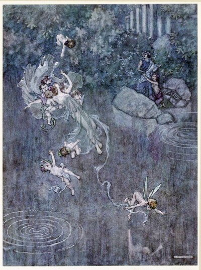 Oberon: i sprawić, by z piękną Egidą złamał swą wiarę, z, Snu nocy letniej, pub. 1914 autorstwa William Heath Robinson