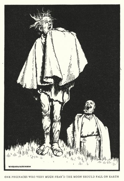 Jeden Fenaces, który bardzo boi się, że księżyc spadnie na ziemię (lito) autorstwa William Heath Robinson