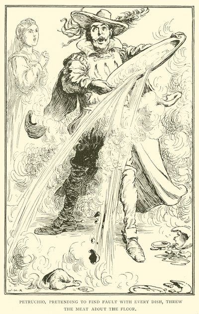 Petruchio, udając, że dopatruje się winy w każdym daniu, rzucał mięsem po podłodze autorstwa William Heath Robinson