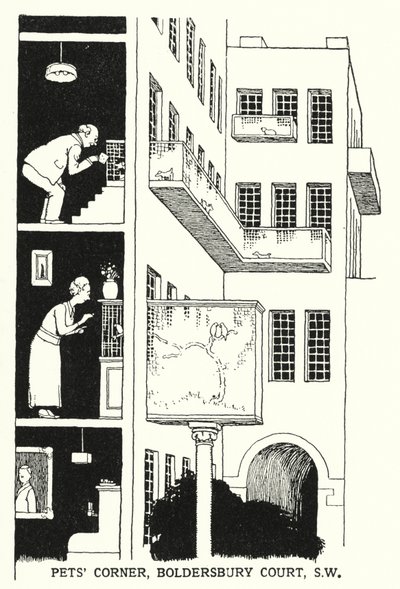 Kącik dla zwierząt, Boldersbury Court, SW (lito) autorstwa William Heath Robinson