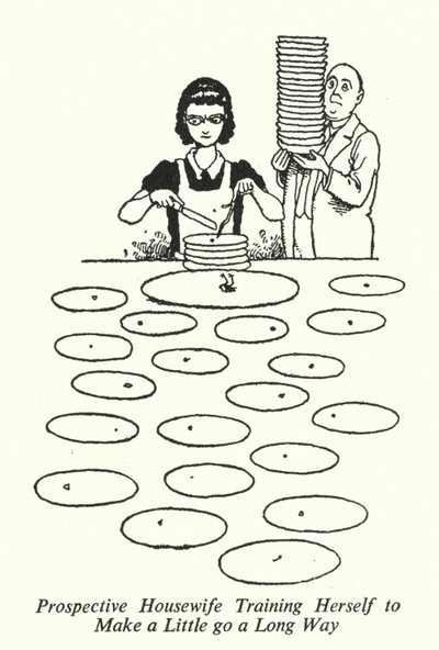 Przyszła gospodyni domowa szkoli się, jak zrobić trochę długą drogę (lito) autorstwa William Heath Robinson