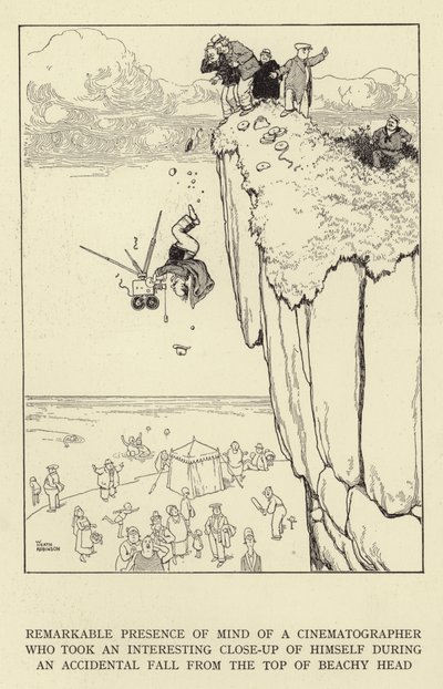 Niezwykła przytomność umysłu operatora filmowego, który zrobił sobie ciekawe zbliżenie podczas przypadkowego upadku ze szczytu Beachy Head autorstwa William Heath Robinson