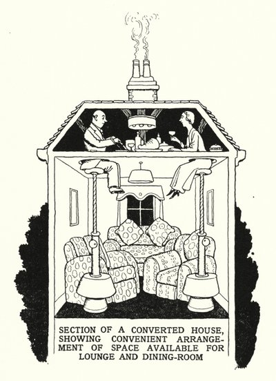 Sekcja przebudowanego domu, pokazująca dogodną aranżację przestrzeni dostępnej na salon i jadalnię (lito) autorstwa William Heath Robinson