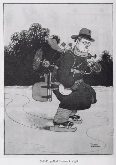 Samobieżny gadżet do jazdy na łyżwach, ilustracja z „Wynalazków” autorstwa William Heath Robinson