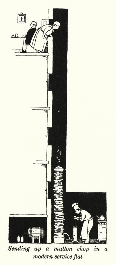 Wysłanie kotleta z baraniny w nowoczesnym mieszkaniu usługowym (lito) autorstwa William Heath Robinson