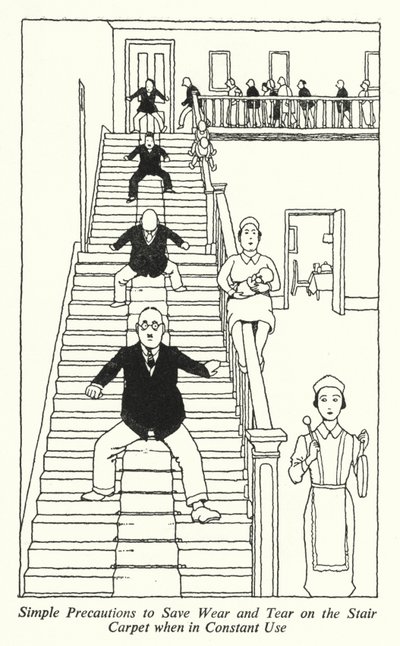 Proste środki ostrożności, aby zmniejszyć zużycie dywanu schodowego podczas ciągłego użytkowania (litografia) autorstwa William Heath Robinson