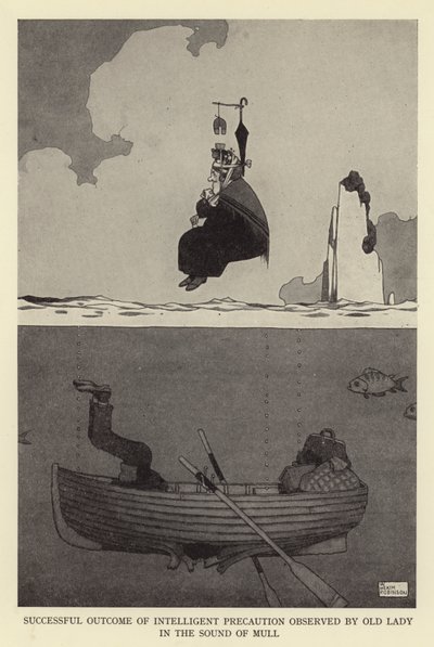 Pomyślny wynik inteligentnej ostrożności zauważony przez staruszkę w odgłosie mull autorstwa William Heath Robinson