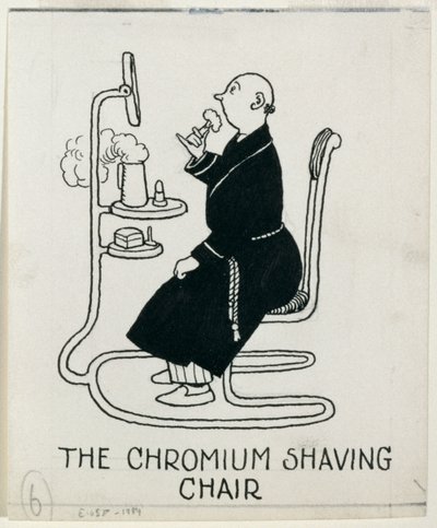„Krzesło do golenia Chromium”, fragment z „Jak żyć w mieszkaniu”, opublikowane w 1936 r. autorstwa William Heath Robinson