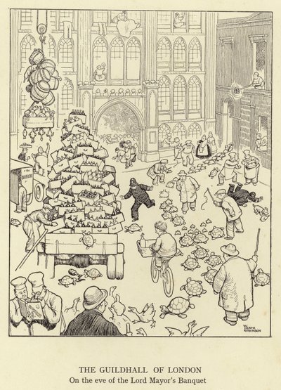 Guildhall of London, w przeddzień Bankietu Lorda Burmistrza autorstwa William Heath Robinson