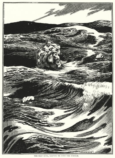 Łódź zatonęła, pozostawiając mnie na powierzchni (rycina) autorstwa William Heath Robinson