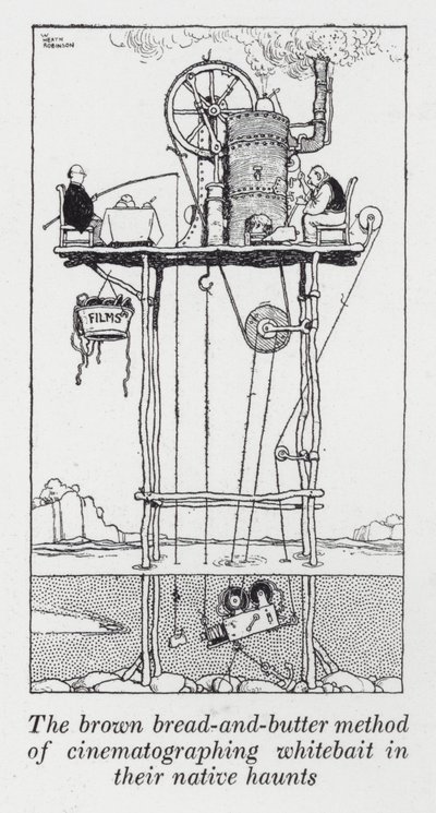 Metoda „brązowego chleba z masłem” kręcenia białej przynęty w ich rodzimych siedliskach (lito) autorstwa William Heath Robinson