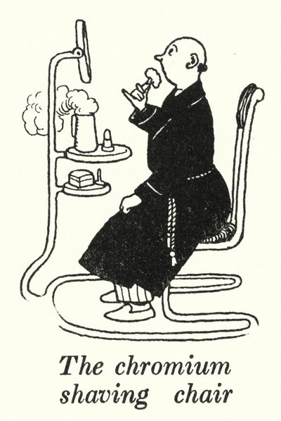 Chromowane krzesło do golenia (litowe) autorstwa William Heath Robinson