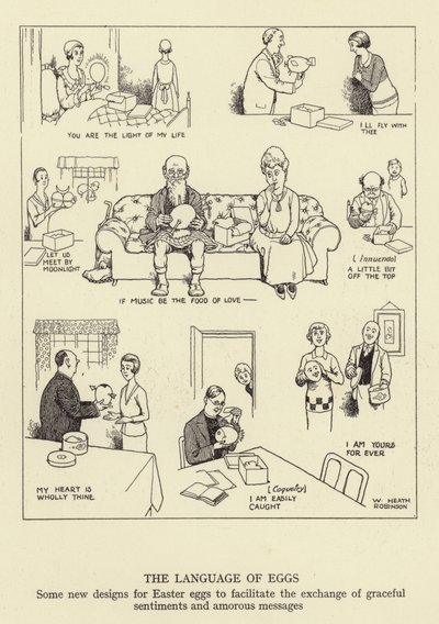 Język jajek, kilka nowych wzorów pisanek, aby ułatwić wymianę wdzięcznych uczuć i miłosnych wiadomości autorstwa William Heath Robinson