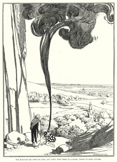 Czarodziej podpalił je, a gdy płonęły, dorzucił kadzidło (grawerunek) autorstwa William Heath Robinson