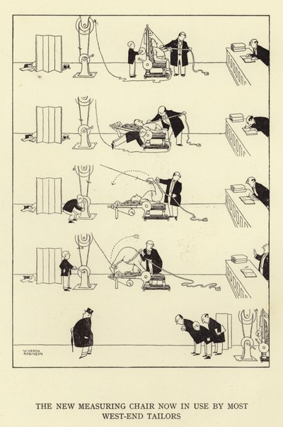 Nowy fotel pomiarowy jest obecnie używany przez większość krawców z west-endu autorstwa William Heath Robinson