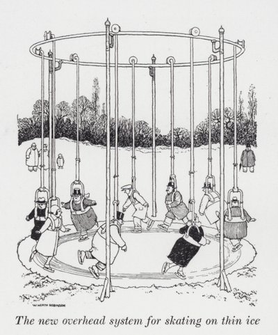 Nowy system do jazdy na łyżwach na cienkim lodzie (litho) autorstwa William Heath Robinson