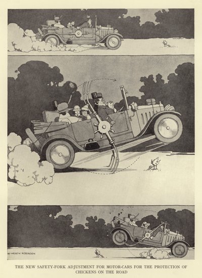 Nowa regulacja widelca zabezpieczającego do samochodów osobowych w celu ochrony kurczaków na drodze autorstwa William Heath Robinson