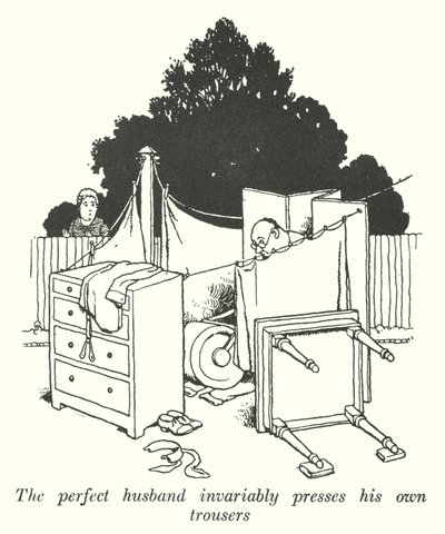 Idealny mąż niezmiennie prasuje własne spodnie (lito) autorstwa William Heath Robinson