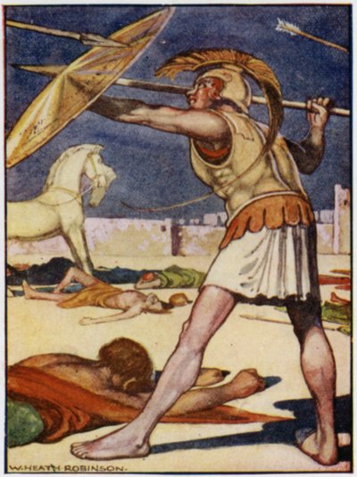Grot włóczni przeleciał nad lewym ramieniem Patroklusa (kolor lito) autorstwa William Heath Robinson